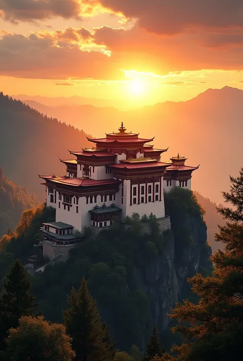 A beautiful sunrise with Tashichoe Dzong 