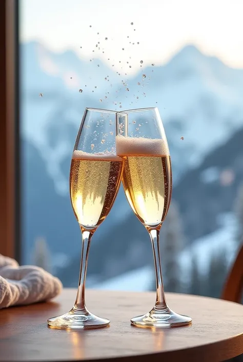 Fireworks two glasses of champagne colliding on a table in a room with a mountain view on the background it snows like in stories with small flakes and snowflakes