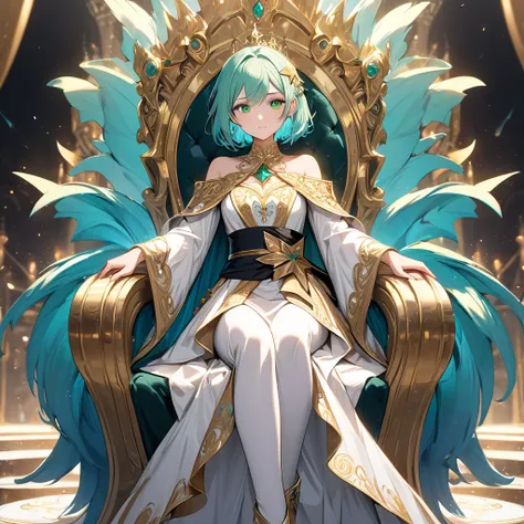 High resolution, high quality, HD, beautiful female, 1 female, pretty, beautiful, teenager, confident, short cyan hair green eyes, bright eyes, white and gold regal dress, ornate design, black sash with gold star details, seated on a majestic throne