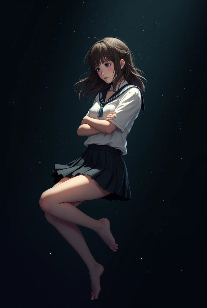 Create an image of a young woman in school clothes hugging her legs floating in space