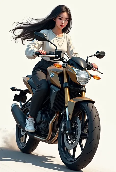  a brunette girl with long black hair ,  measures 160 and weighs 52 kilos , She wears a white gaban ,  a wide pair of black pants and white sneakers ,  is riding a Yamaha motorcycle reference mt15 