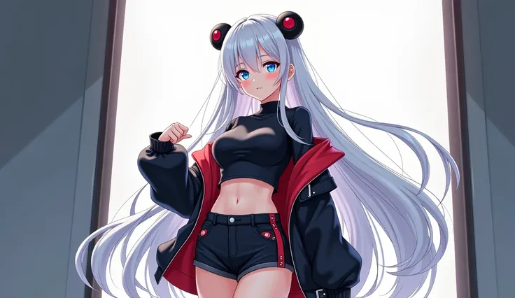  full body view, Anime drawing style ,  masterpiece,  best quality ,  realistic ,  ultra detailed,  8K ultra high image quality,  1 girl,  sexy 18-year-old girl,  blue eyes,  white long hair, Wears shorts and a short shirt as well as a matching jacket and ...