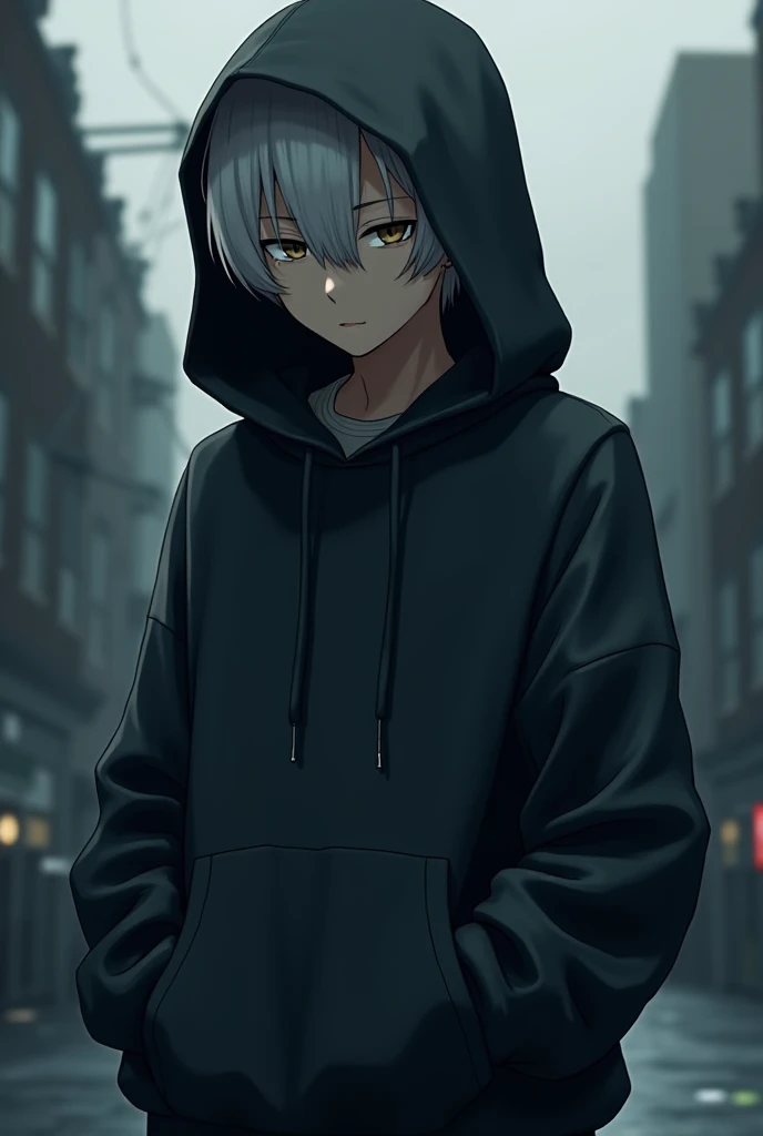 A gloomy, white haired Japanese teen looking down with his hands in his pockets, wearing a dark grey hoodie with a hood that hides his face. Anime art style.