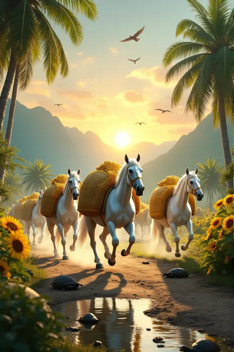 Realistic photographic image of running 3-4 white kings horses on the path along with loaded gold jewellery bags and diamonds bags on their back
+ rising sun + sunny sky, greenery mountains + turtles, mandarin ducks, flying birds, running river + hanging y...