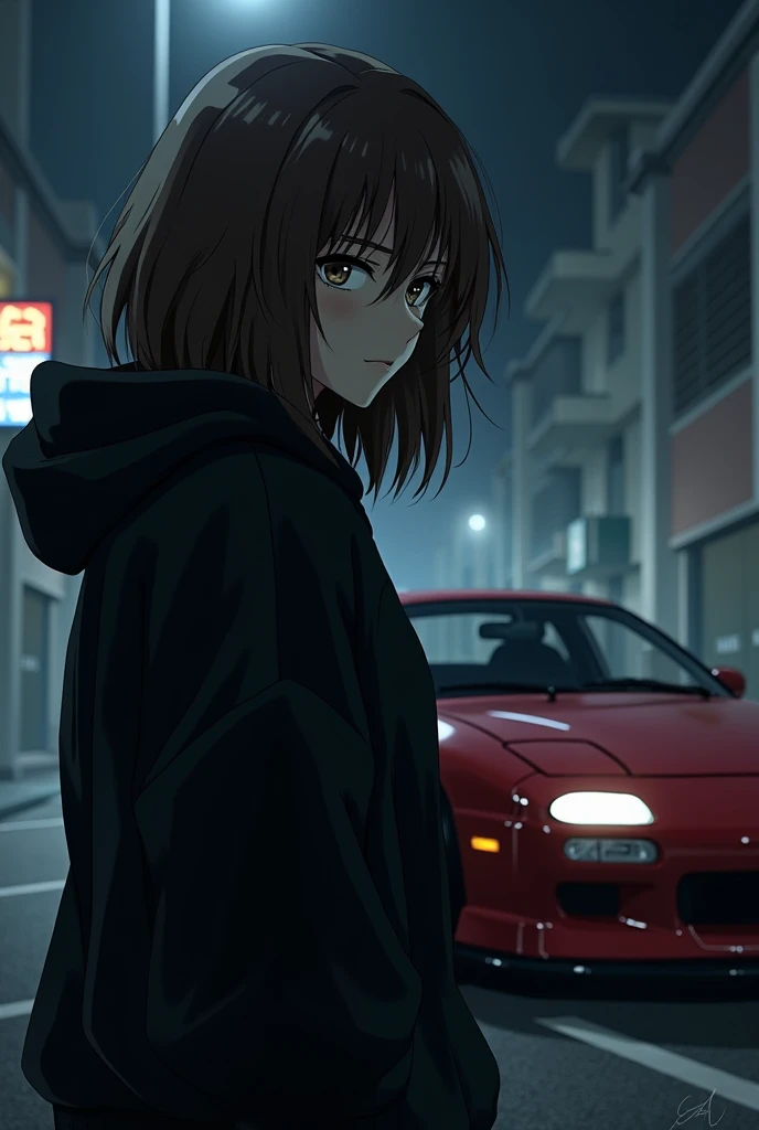 1girl,bigotitos,black_sweater,brown_hair,dark,highres,holding,hood,hoodie,initial_d,iwase_kyouko,long_sleeves,mazda_rx-7,medium_hair,night,racing,solos, best quality, masterpiece, nai3