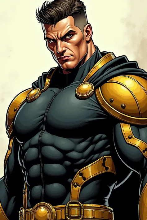 
a close up of a man in a black and gold costume, textless, by Brian Thomas, artgerm and ben lo, official art, steampunk superhero, superhero from the boys tv show, buff man, joe gb fenton, 90s comic book character design, joe biden as a jojo character, co...