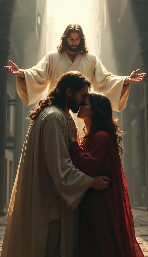 A man embracing him with his wife ,  behind his back Jesus Christ encouraging him to Amalah, Photo in the current times