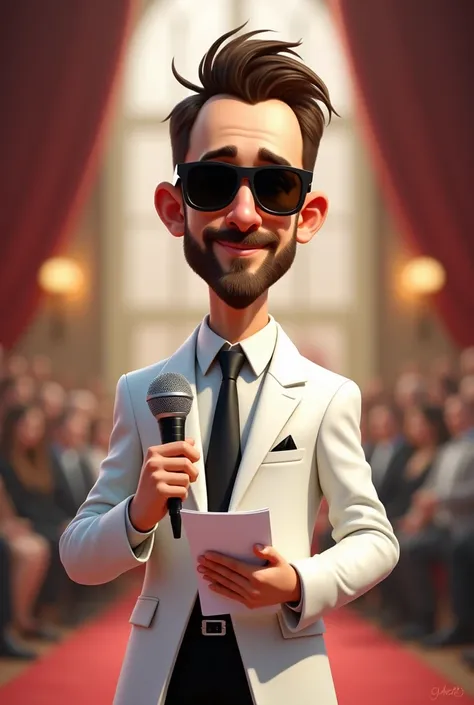 Make me a 4D caricature of an emcee at a fledgling wedding,  no beard and mustache.  wearing a white coat  , wears black tie , wearing sunglasses ,  carrying a mic and carrying a small note in his hand . Stately postured 