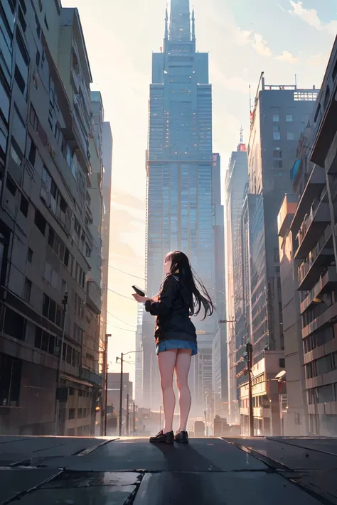  best quality, masterpiece, cinematic lighting, full HD, very sharpener, best art, very accurate, A 20-year-old woman with long black hair standing on the rooftop of a tall city building, outdoors, viewed from behind. The perspective is from below, looking...