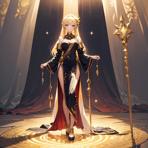 (((masterpiece, best quality, high detailed, 16k))) (1girl) A luminous woman with glowing golden armor, her hair shining like beams of sunlight. She carries a staff of pure light, and her aura radiates warmth and healing. Wherever she steps, the world brig...