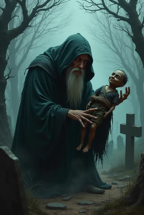 A wizard is sitting in a graveyard. He has a doll in his hand. He is doing black magic