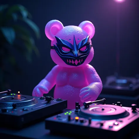 purple jelly gummy bear with a mask form squid game series and dj set with dark background