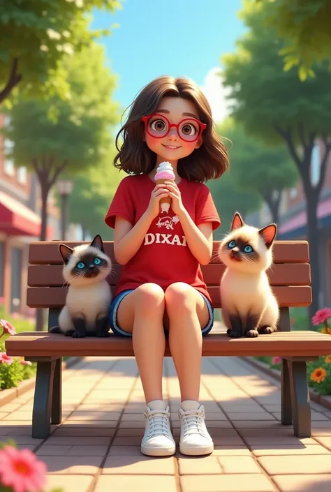 White woman with medium brown hair red glasses sitting on a square with benches trees flowers playing with Siamese kittens eating ice cream white all-star sneakers blue shorts red Pixar Disney 3D t-shirt 