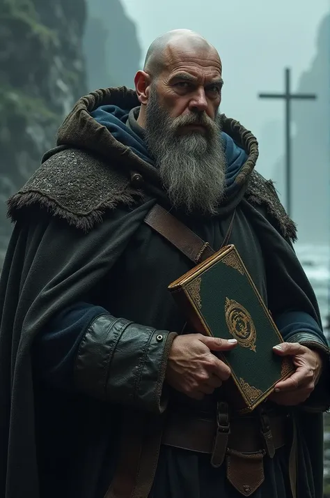 A strong bearded and bald Viking style hooded man holding a bible 