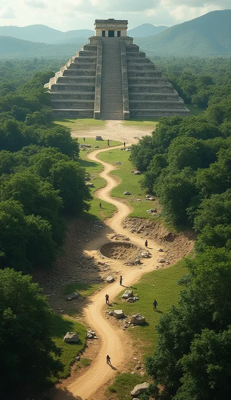 Picture a striking juxtaposition of a vibrant Mayan city surrounded by dense forest and the same area years later, showing the effects of deforestation. In the first image, the city bustles with activity, with people constructing temples and farming the la...