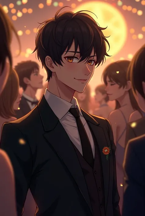 black hair, Closed mouth, kuudere,  misaki mei man, delgado, New Years eve Party goer, smiling warmly, looking at the viewer,New Years Eve Ball drop, partying,