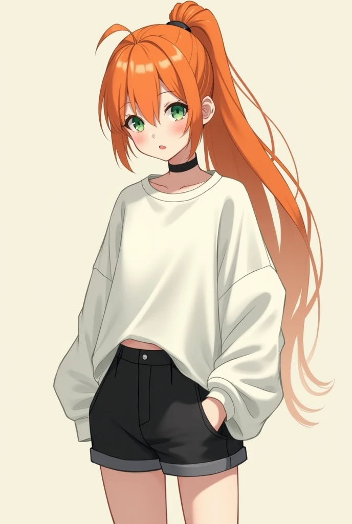 anime boy but his face a little bit look like girl with a orange long ponytail hair style and green eyes and he wear a white oversized shirt and black very shorts pants 