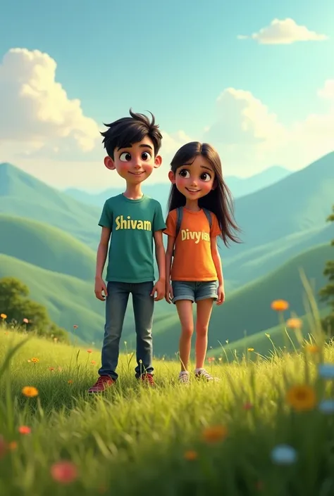 Create one image of one boy stand on hills and boy name is shivam written on his t shirt  and one girl Divya written on her t shirt