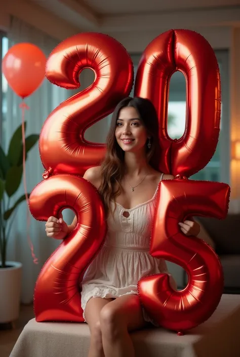 Prompt :- Welcoming 2025 , The years 2025 are written with balloons, and the person is celebrating New Year 2025 joyfully with a festive atmosphere with real white hot girls , make it smooth and dont give too much movement to the main photo photo