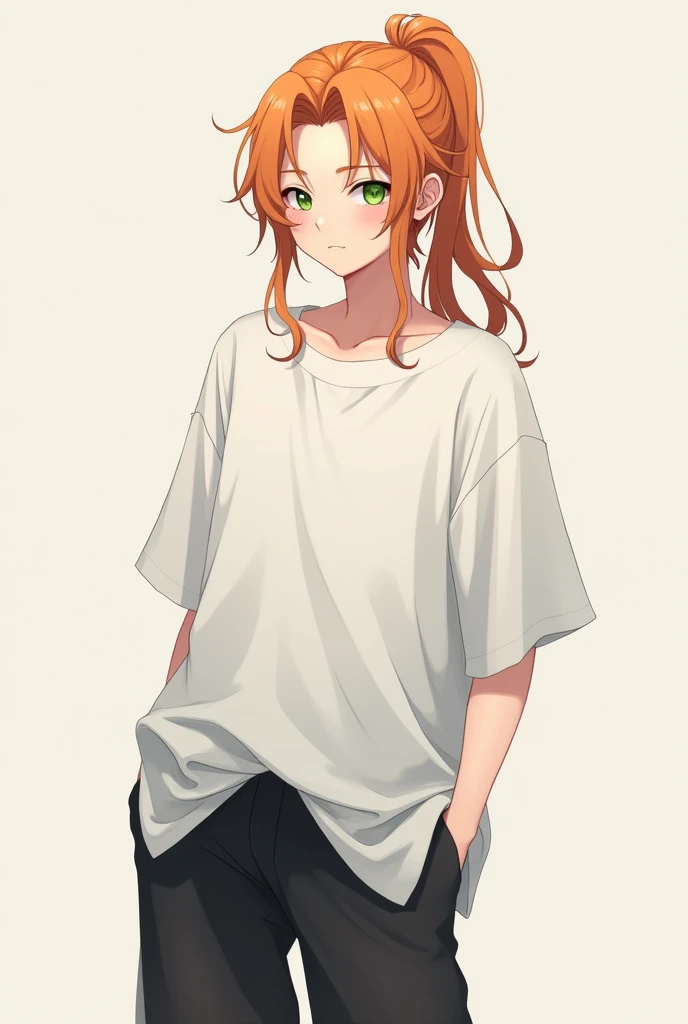 anime male but his face a little bit look like girl with a orange long ponytail hair style and green eyes and he wear a white oversized shirt and black very shorts pants 