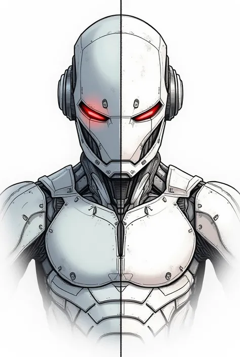 Create a detailed drawing of a robotic superhero helmet and torso using the grid method for precision. The left side of the artwork is fully colored with realistic shading and metallic textures, while the right side shows an outlined sketch that aligns per...