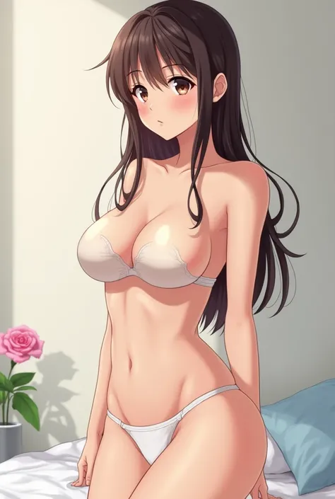 Make a picture of an anime woman without wearing clothes or underwear