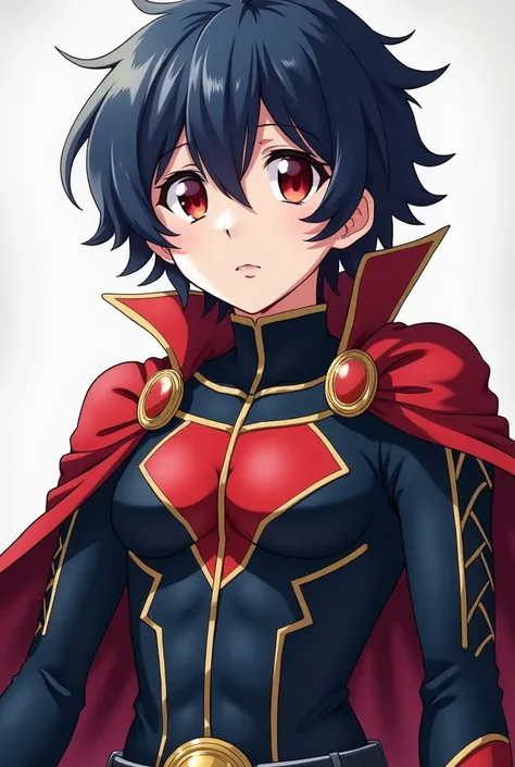  Boku no hero anime style character, dark blue hair and red eyes , PIEL BLANCA, in hero costume 