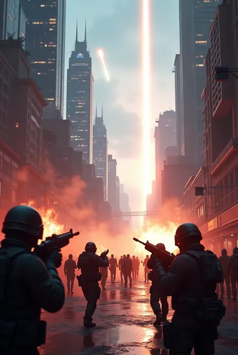  an image of a scene from a photorealistic 3D video game ,  a first-person shooter in an exchange of fire between battalions of soldiers,  inside a futuristic cyberpunk-style city  , during the day, And in the sky you can see a meteor approaching 