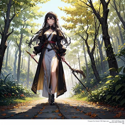 (((masterpiece, best quality, high detailed, 16k))) (1girl) A graceful figure dressed in armor made of fallen leaves, her hair flowing like the wind. The earthy tones of her outfit reflect the changing colors of the season. She holds a spear, and her eyes ...