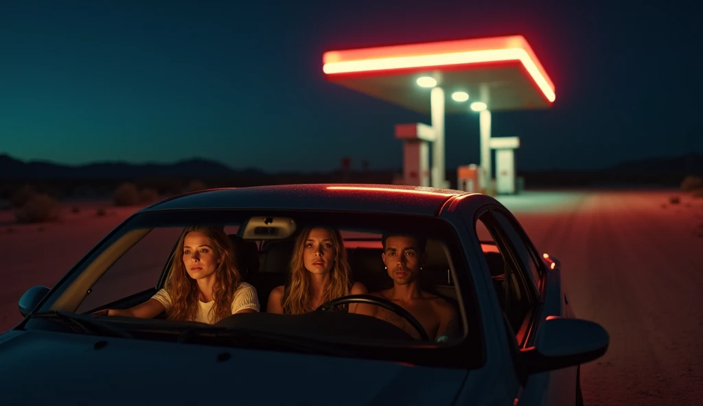 A group of four friends in a car, nervously driving away from a remote gas station in the desert at night. The flickering neon sign of the station fades into the darkness behind them. The mood is tense, with visible fear on their faces, and the vast, empty...