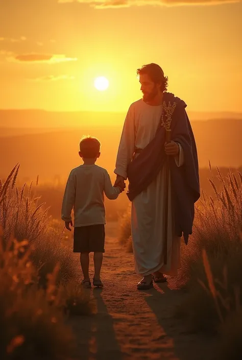 Sent by you:
Creating a sharp 9-by-16 image of Saint Joseph the Virgin Mary walking by the hand of a  Jewish boy. The atmosphere is warm, the sun begins to shine in the morning, the sun begins to weave its light from the side of the ancient Jewish natural ...