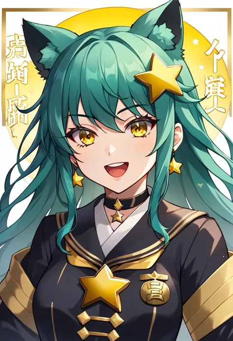 Girl with long dark turquoise hair, yellow eyes, yellow star pin in her head in japan new year 