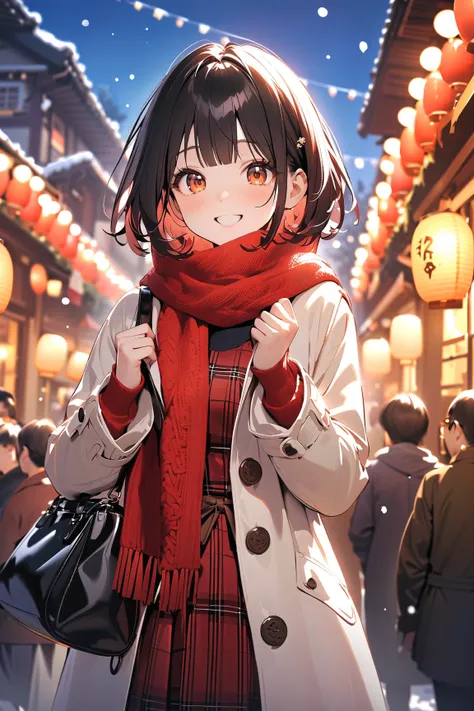 1 girl, (cute face), teenage girl, (short bob haircut:1.2), (wearing a stylish winter coat with a scarf), small breasts, slender, (excited expression), (carrying a bag of New Year goodies), 
BREAK 
festive city street, (New Year decorations:1.2), (snow fal...