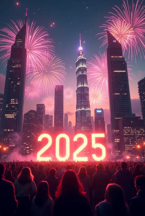 city skyline at midnight with sparking fireworks ,2025 in glowing lights , and  a festive crowd celebrating new year 2025 