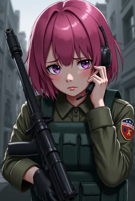  Girl with pink hair with an earpiece ,  a hand on the earpiece and a worried face, military uniform and a gun 