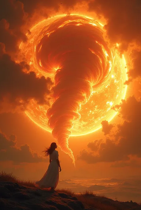 1girl standing at sun surface. looking huge solor tornado.focus on solar tornado. close-up of solar tornado.at ground there is polar vortex.Solar flare, Solar spicule,solar prominence,Solar plage ,solar corona,coronal loops,dark filament,chromosphere,Solar...