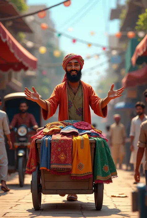 A Pakistani bot selling clothes in a cart in Bazar. A Rickshaw be there 