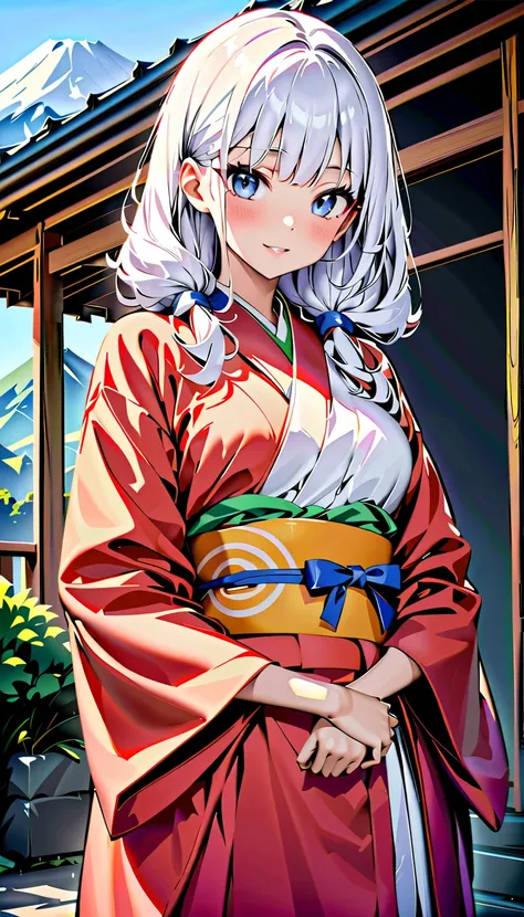 ( top quality :1.2,  very detailed, Anime,  high detail, Super high resolution,  High Contrast , masterpiece:1.2,  top quality ,  best aesthetics), (Small face), ( very detailedな肌:1.2),  one woman,  Happy New Year　kimono　first visit of the year to a shrine...