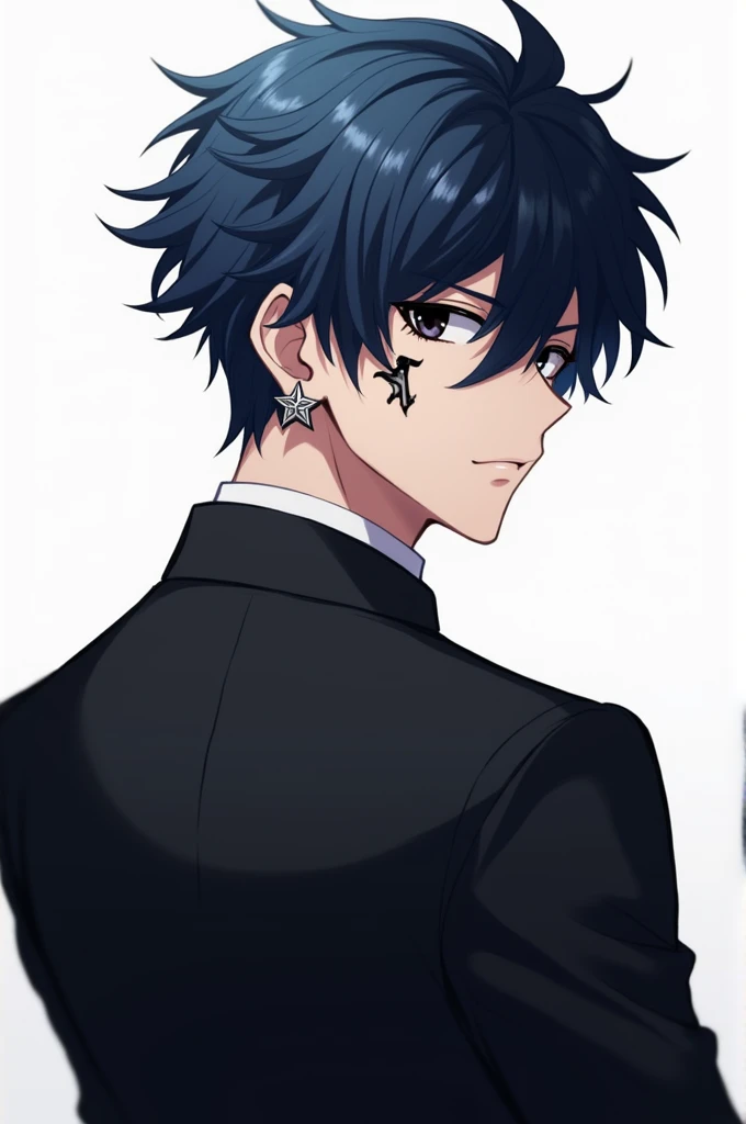 A ver handsome man animex was very tall and had dark blue hair and have a horn and very handsome have a black eyes and light tone skin and had a black mark star on right cheek, and wearing a black suit and reveal little bit abs chest looking super handsome...