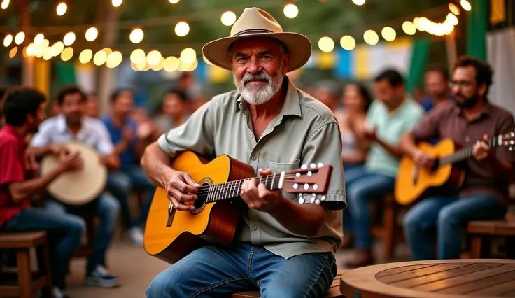 "A true Brazilian pagodeiro, playing in a traditional samba circle in an informal and welcoming setting. He is a middle-aged man with a sincere and focused expression, wearing a simple button-up shirt, jeans, and a typical hat. He is playing the cavaquinho...