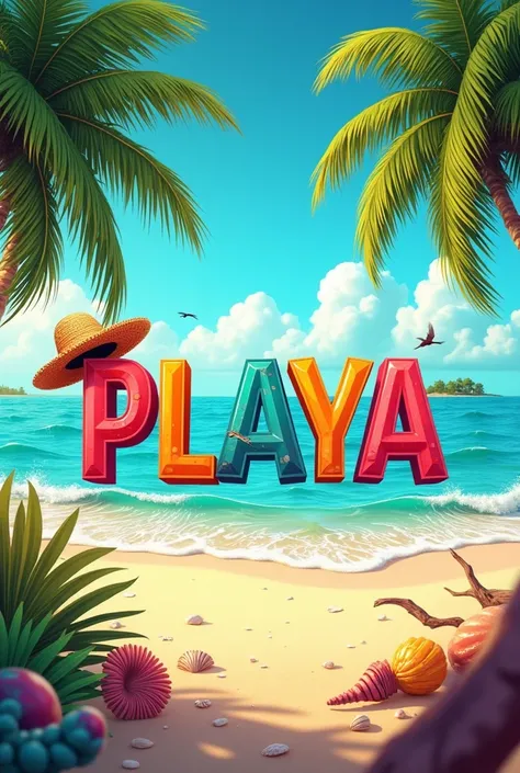  Make the image for a song with a summer beach theme and with the title highlighted "playa" In the image 
No individuals ,  just the highlighted title
Reggaeton style 