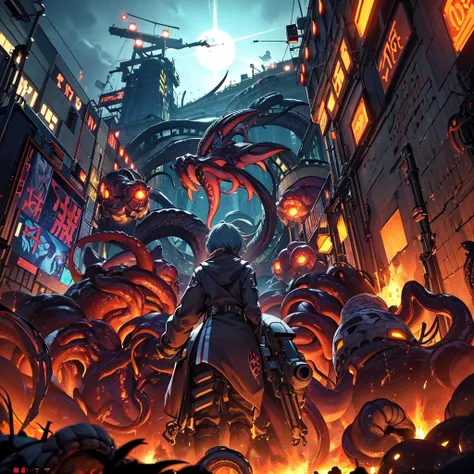  invasion falling from the sky ,  floating snake mecha , Large population , (( Dutch Cameras Eye View)), Wide angle, confusion,  scattered particles ,  cyberpunk neon environment , smoke and explosion destruction ,  dystopian futurists,  raging and dirty ,...