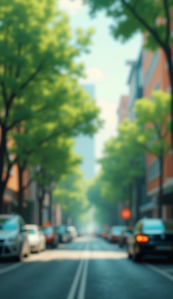 "A serene urban background featuring a mix of blurred green trees and parked vehicles. The scene exudes a calm yet vibrant atmosphere, with soft natural light filtering through the trees. The color grading includes a subtle teal and orange effect, enhancin...