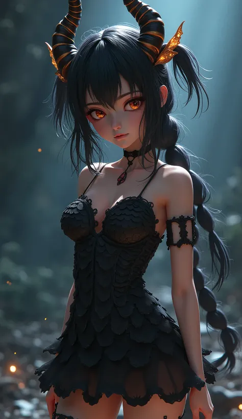 (3d anime), full body, beautiful girl, with decorative horns (emotional), full creative bias, lustrous skin, darkened lights, short dark dragon skin dress