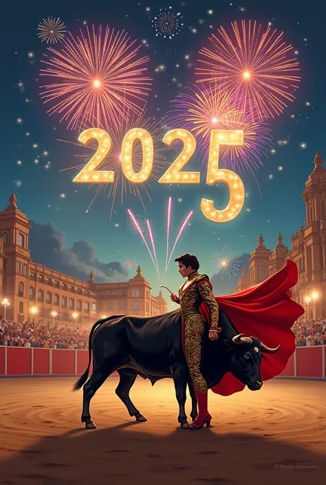 Happy bullfighting year plus fireworks with text with 2025