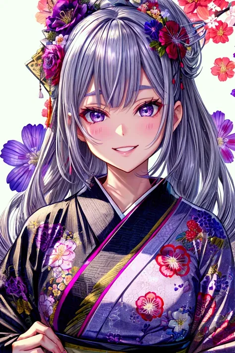 Gray Hair　 gray eyes　 gray eyes　 floral kimono　violet flower decoration　 New Year　Smile