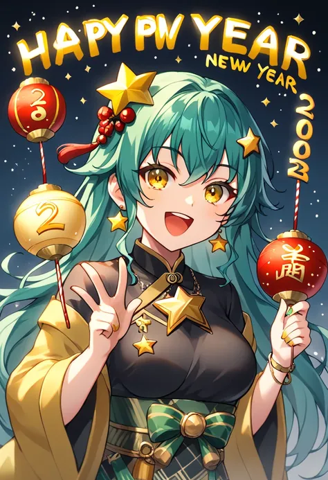 Girl with long dark turquoise hair, yellow eyes, yellow star pin in her head celebrating new year 2025