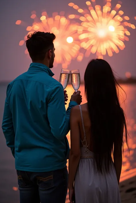 Couple photo,  Both raise champagne glasses on a beach at night and fireworks,  he riveviiperi short brown hair ,  green eyes, muscular,   in a bright blue jacket and she LALIESPOSI ,  with very long black hair , green eyes, red lip,  wearing a silver dres...