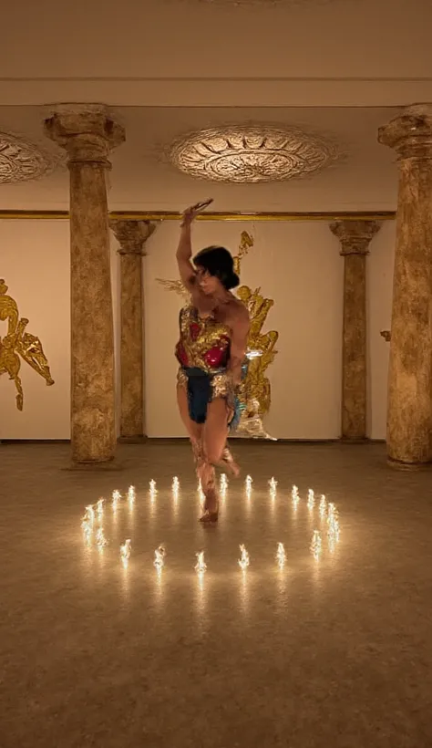 In a grand, candlelit hall adorned with marble pillars and golden decor, Wonder Woman dances in a circle of flickering light. Her armor now gleams under the soft glow of chandeliers, and her Lasso of Truth floats around her, weaving patterns of light as sh...