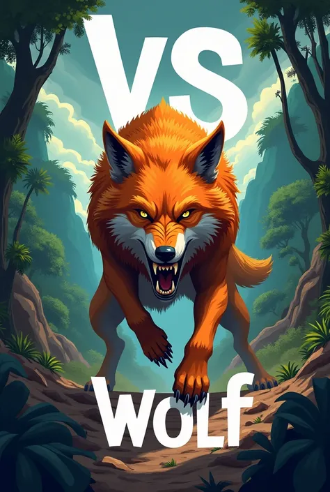 rop of a barren, rocky landscape under a cloudy sky. The wolf, with its sharp teeth bared, orange fur with black stripes, and intense eyes, is set against a tarzan, green jungle background. In the center of the image, the word VS is prominently displayed i...